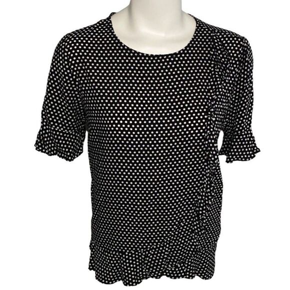 Cynthia Rowley Black White Polka Dot‎ Ruffle Short Sleeve Rayon Top sz Medium - Picture 1 of 8